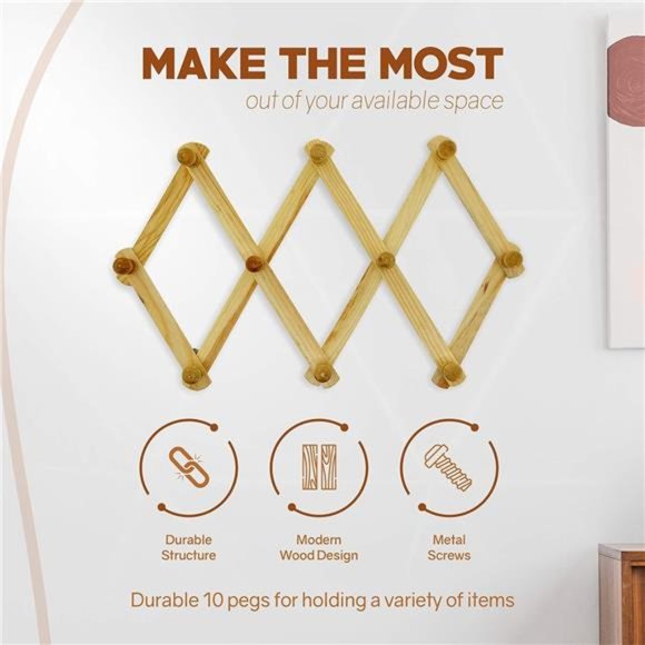 Set of 3 Accordion Style Wood Expandable Wall Rack for Hat, Cap, Belt, Umbrella - Picture 5 of 7